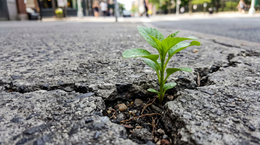 Un brote verde emergiendo con fuerza a través de una grieta en el concreto gris.