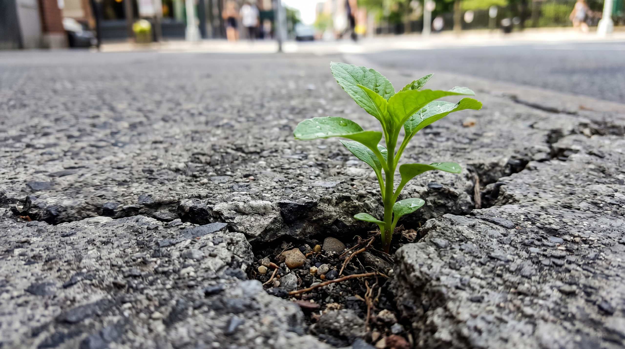 Un brote verde emergiendo con fuerza a través de una grieta en el concreto gris.